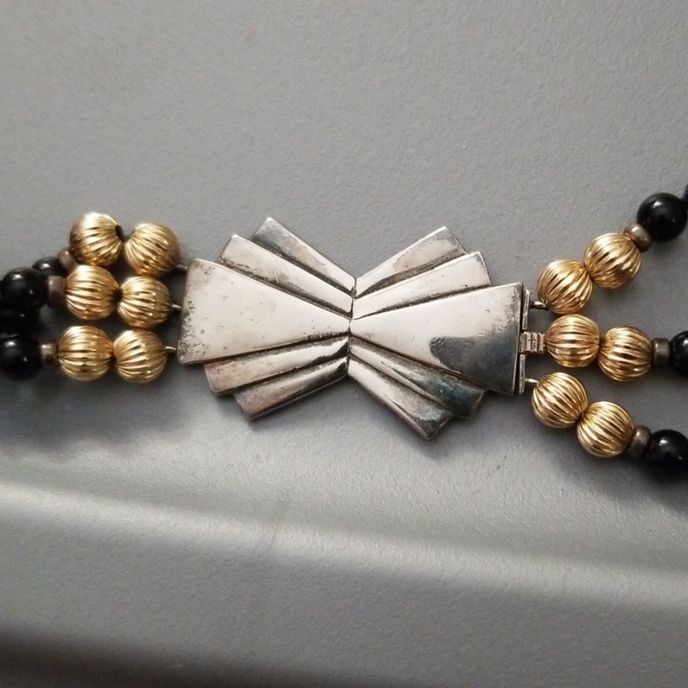 Vintage Triple Strand Sterling/Onyx Bead Necklace - Picture 2 of 8